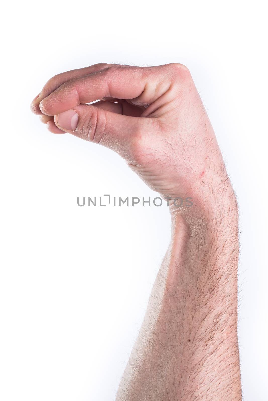 Man's hand miming what the fuck on white background