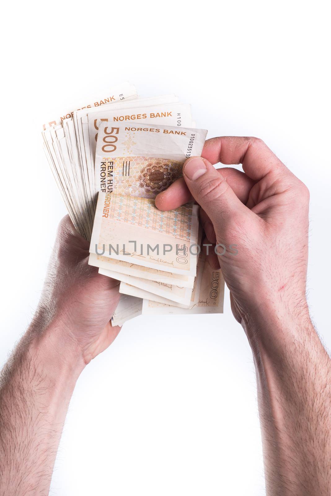 Hand give or counting money on white background