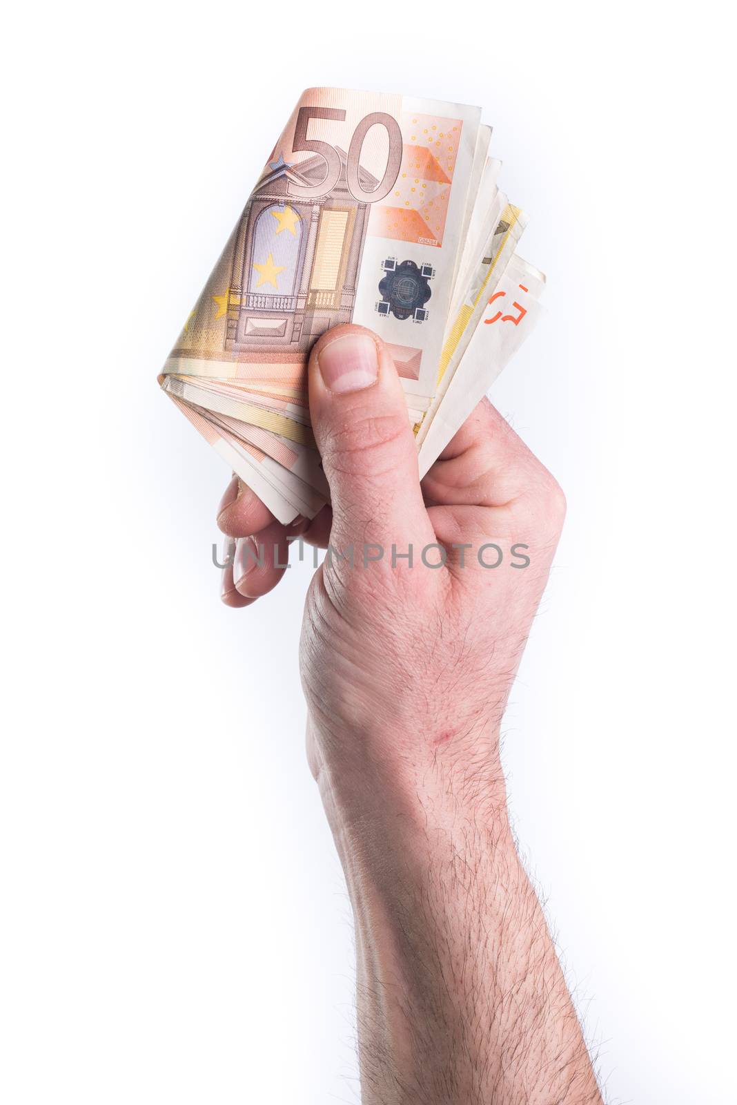 Hand show or give money on white background