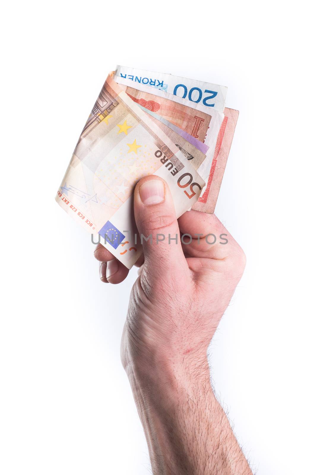 Hand show or give money on white background