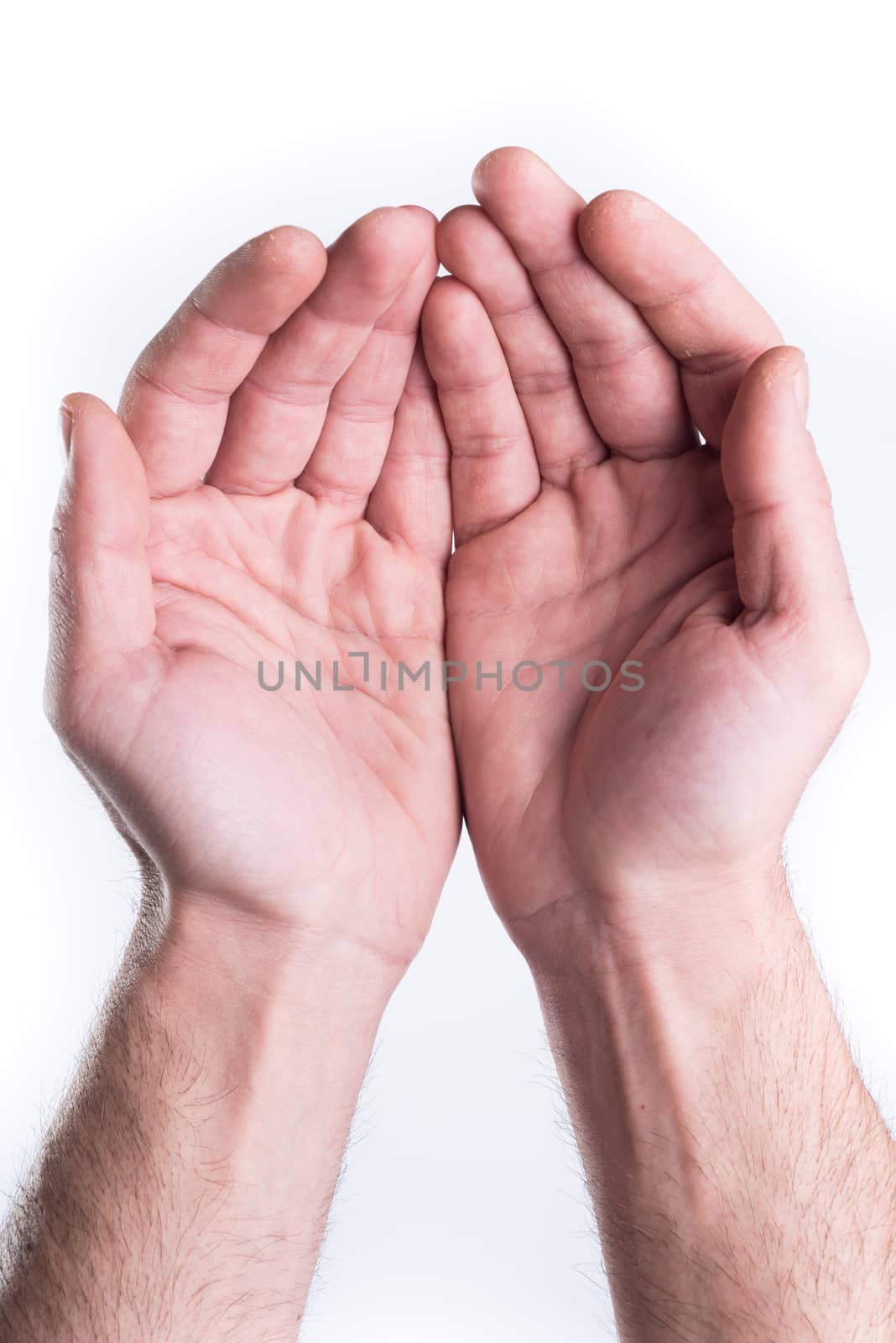 Man's hand plead charity on white background