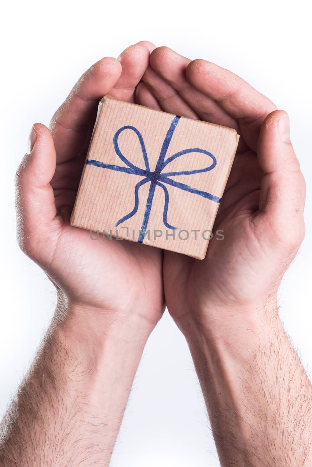 Concept hands giving gift on white background