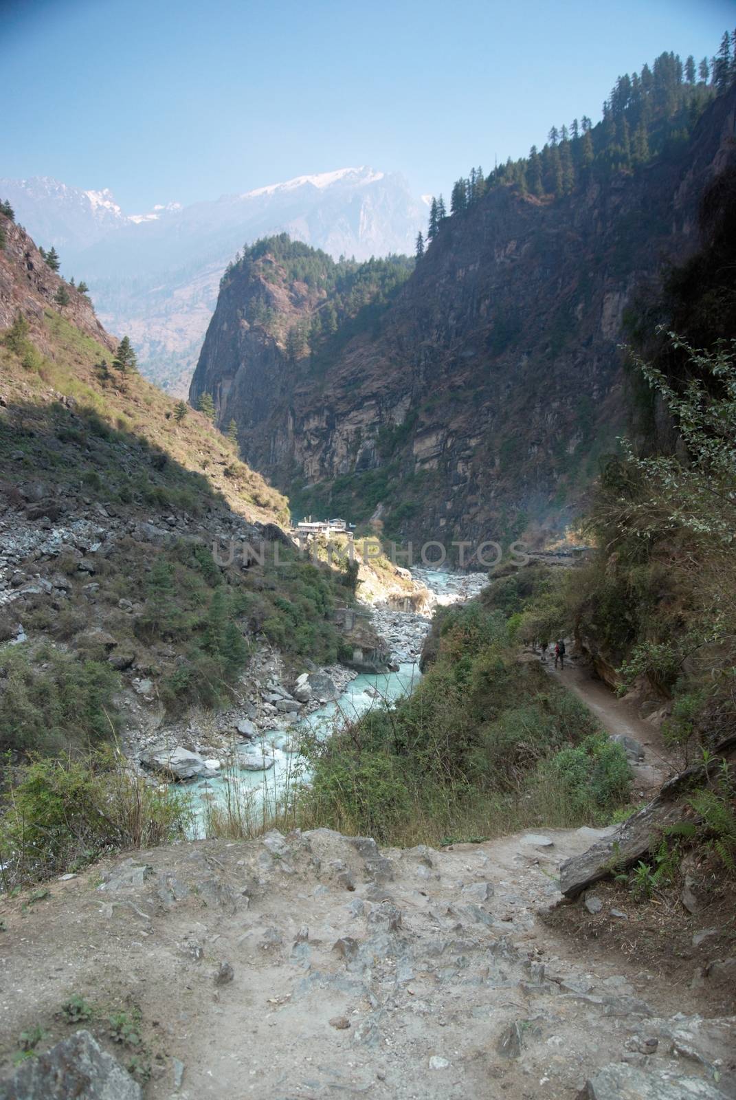 Marsyangdi river and Annapurna mountain by vapi