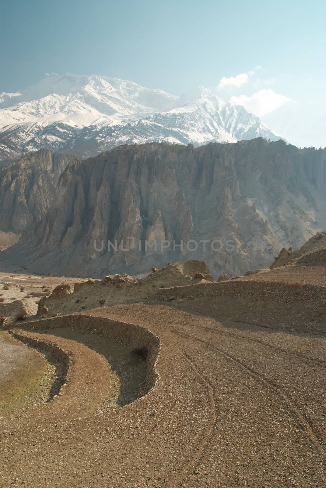 Tibetan field and mountain's landscape. Tibet, Nepal.