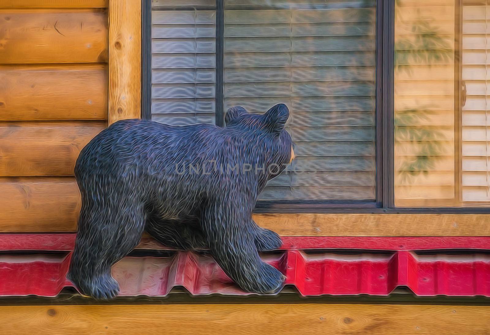 Carving of a curious black bear on a cabin in Jackson, Wyoming.