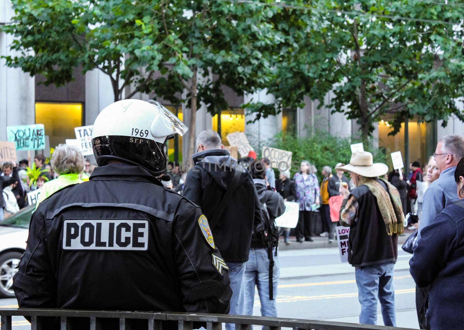 San Francisco, USA - October 7: San Francisco police looking at the protestor at Market Street on October 7, 2011 in San Francisco, USA.