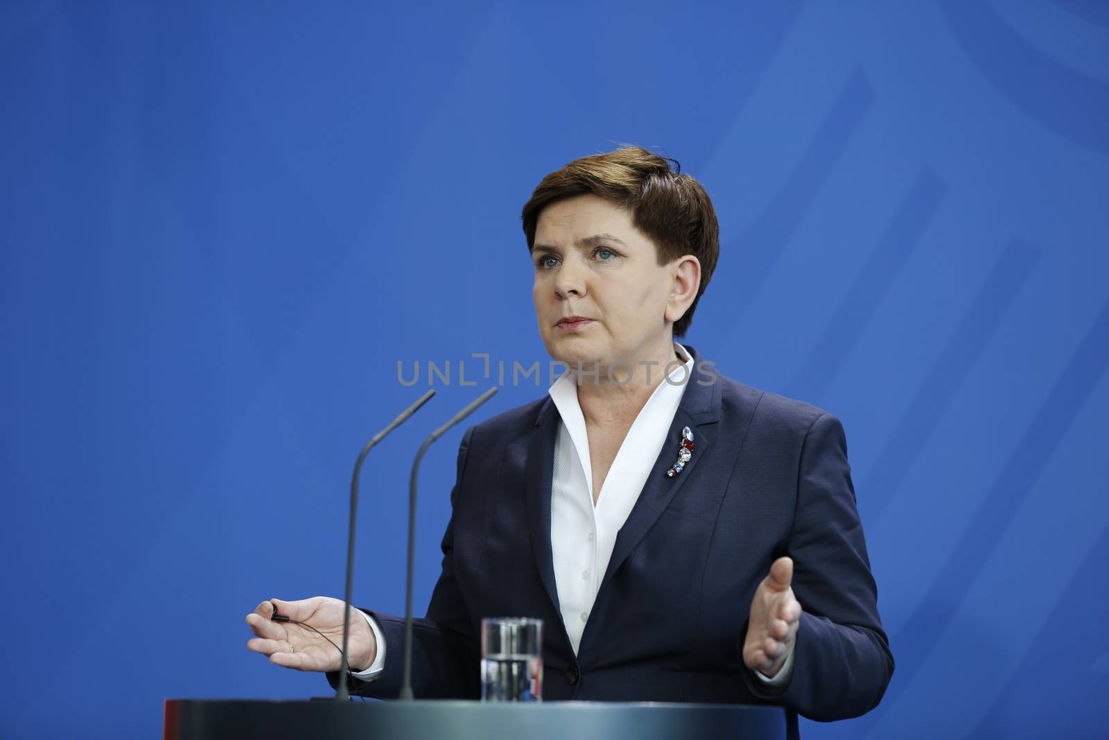 GERMANY, Berlin: Polish Prime Minister Beata Szydlo speaks at a joint press conference with German Chancellor Angela Merkel during her visit to Germany in the Chancellery in Berlin, Germany on February 12, 2016.