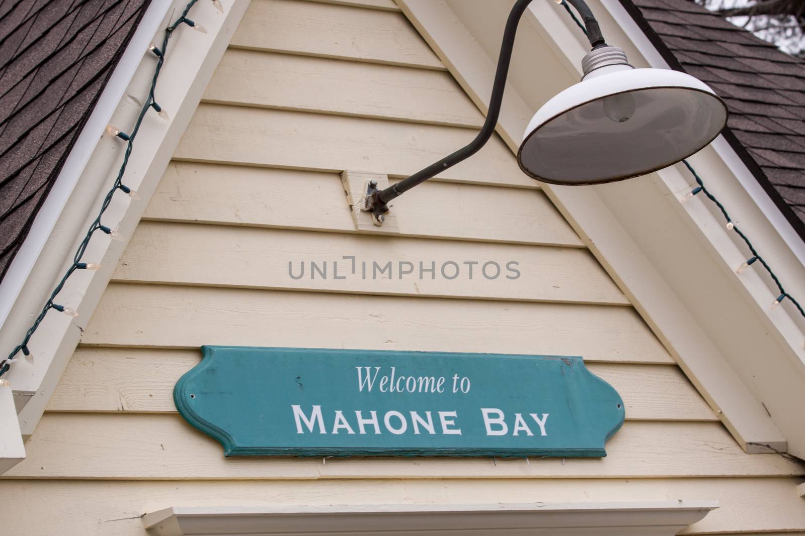 Sign and lamp on the Mahone Bay,NS, welcome centre