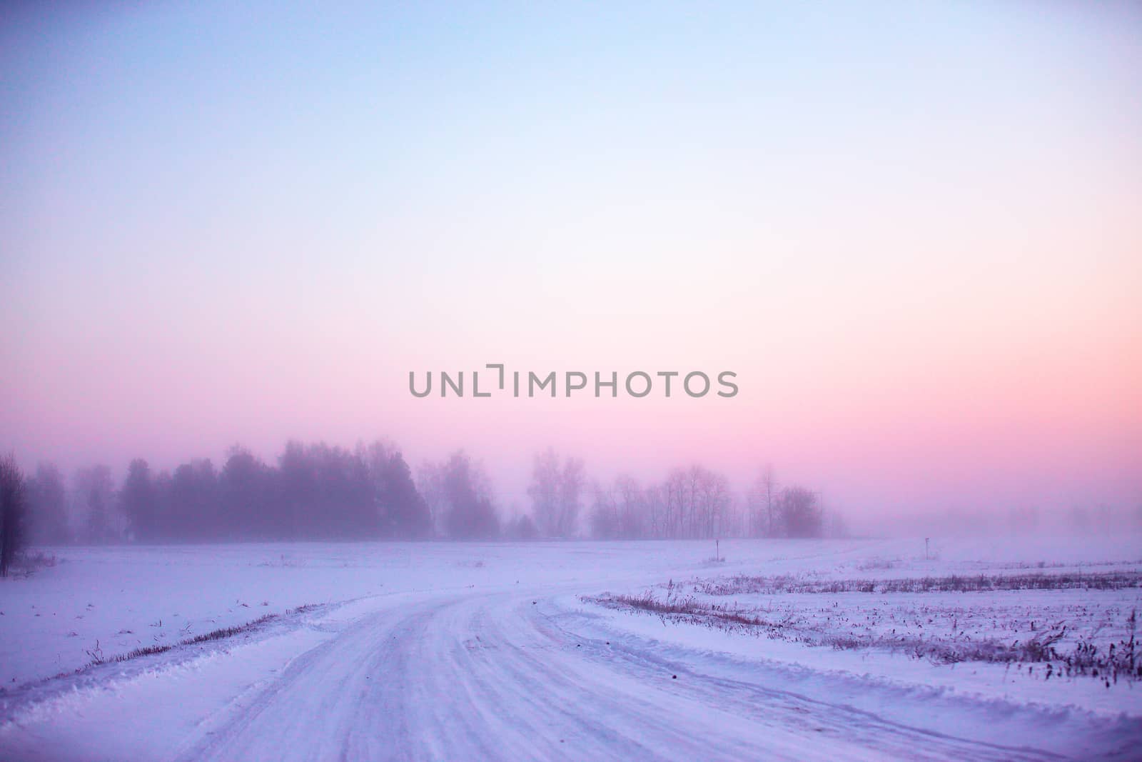 Snowy winter road in Belarus. Winter foggy morning.