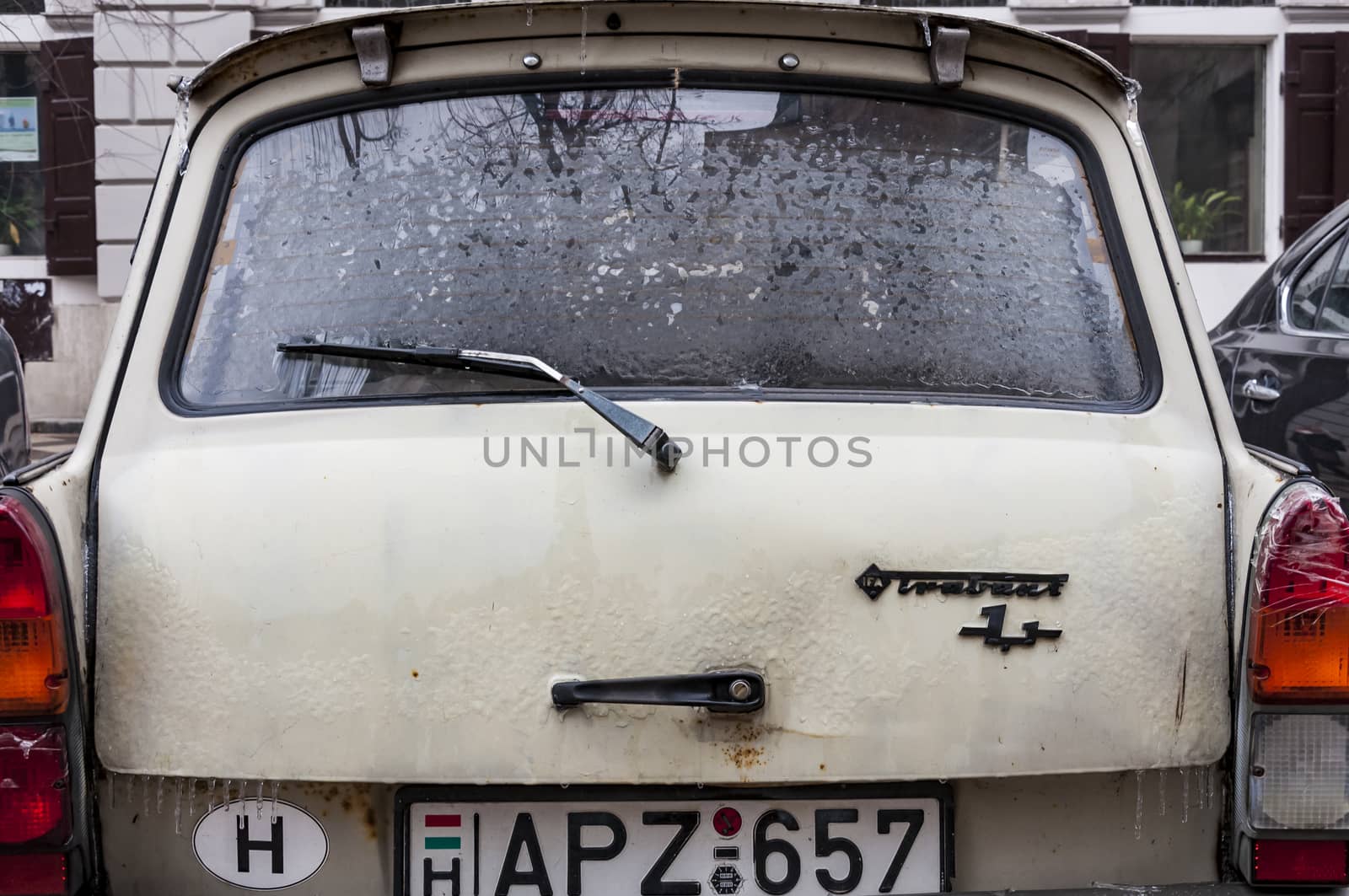 Budapest, Hungary - July 28, 2015: A Soviet-era Trabant car parked near St. Matthias Church