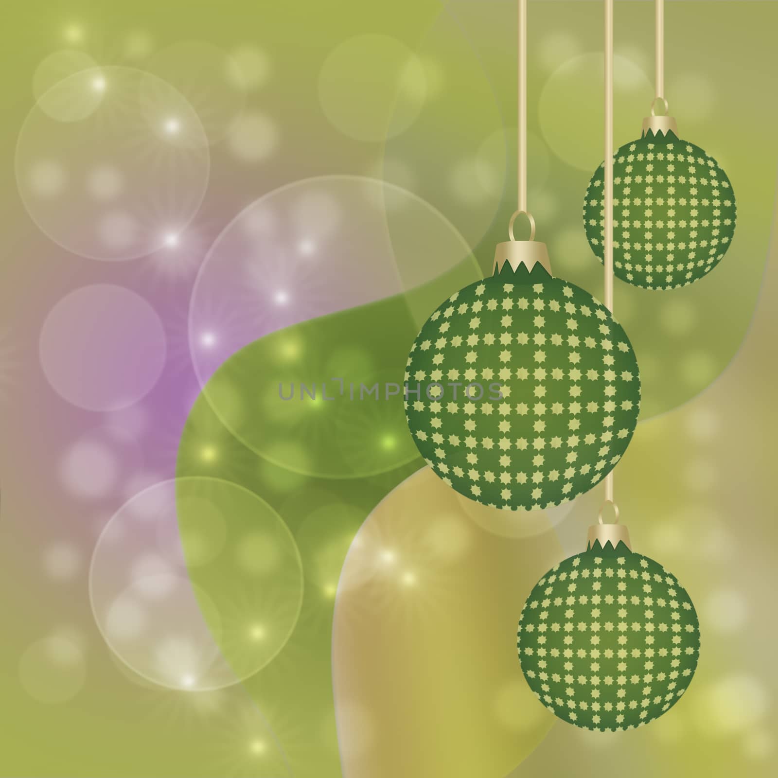 Hanging green and gold baubles for christmas card greeting background with copy space