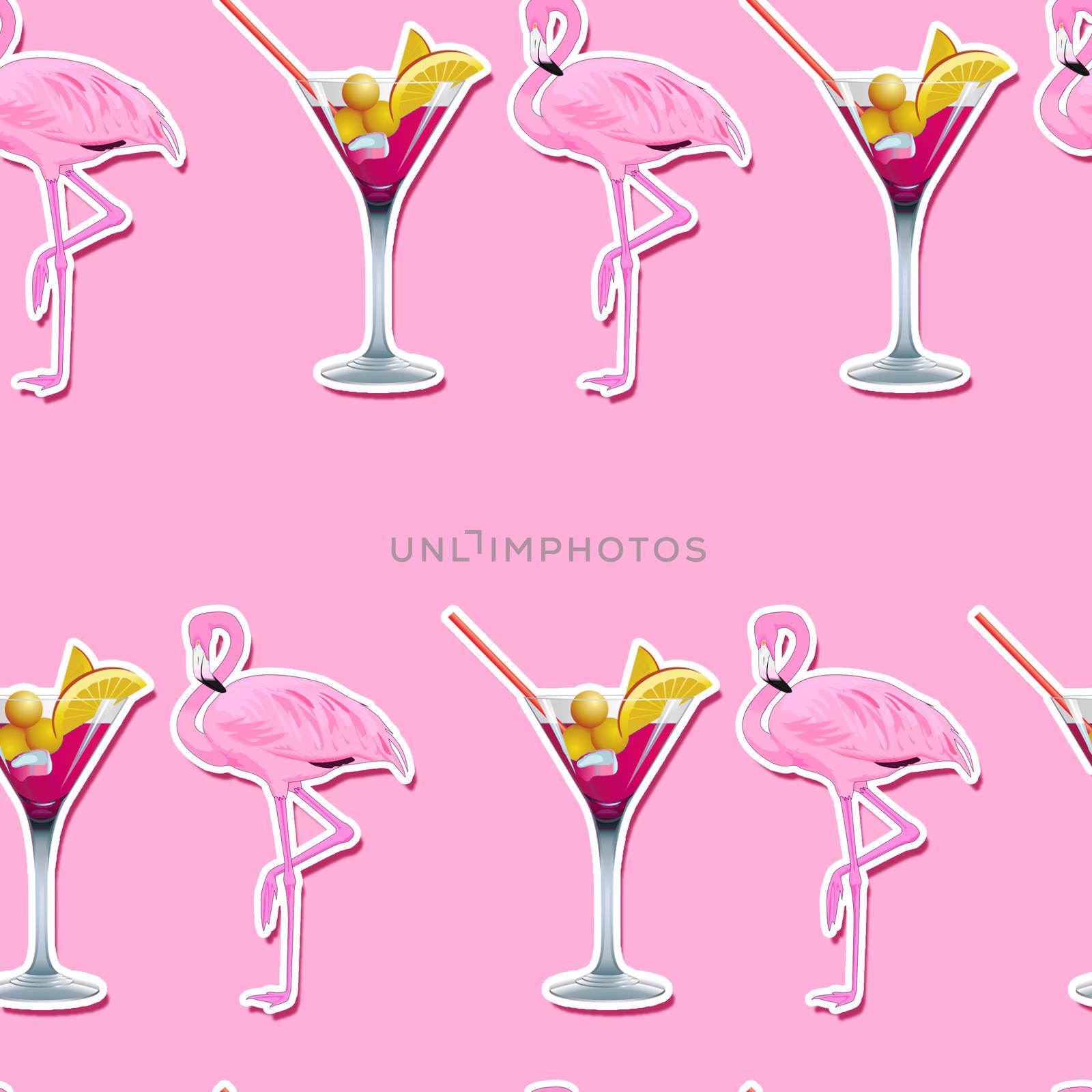 seamless Pattern - All Over Background -Pink Martini cocktail Glass and Pink Flamingo On a pink background