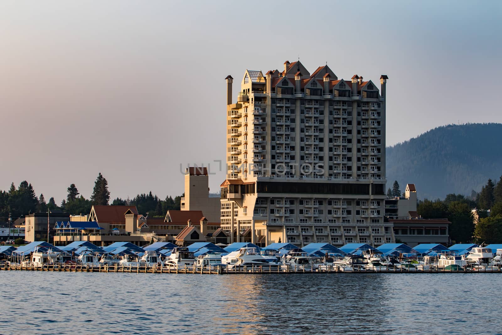 Coeur d'Alene, Idaho, USA-July 9, 2015: A view of the large Coeur d'Alene Resort from Lake Coeur d'Alene during sunset.