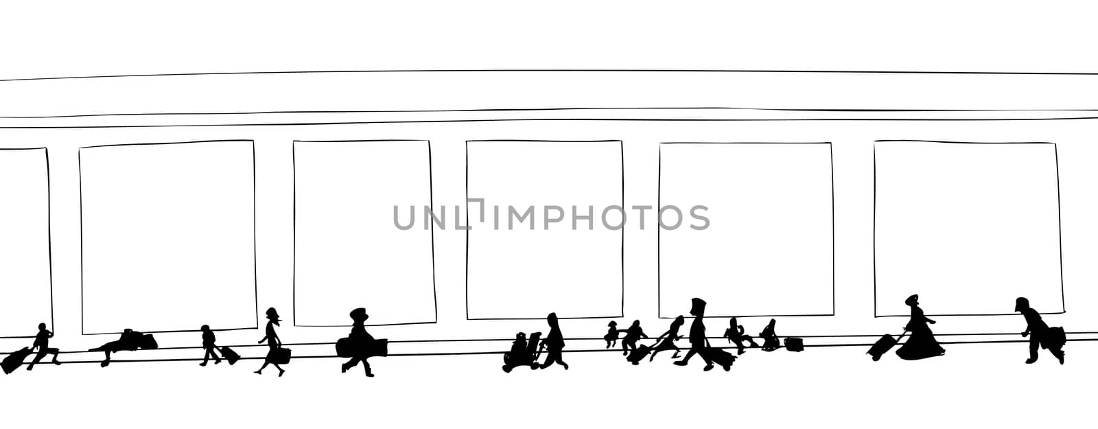 Outline cartoon of travelers walking through hallway