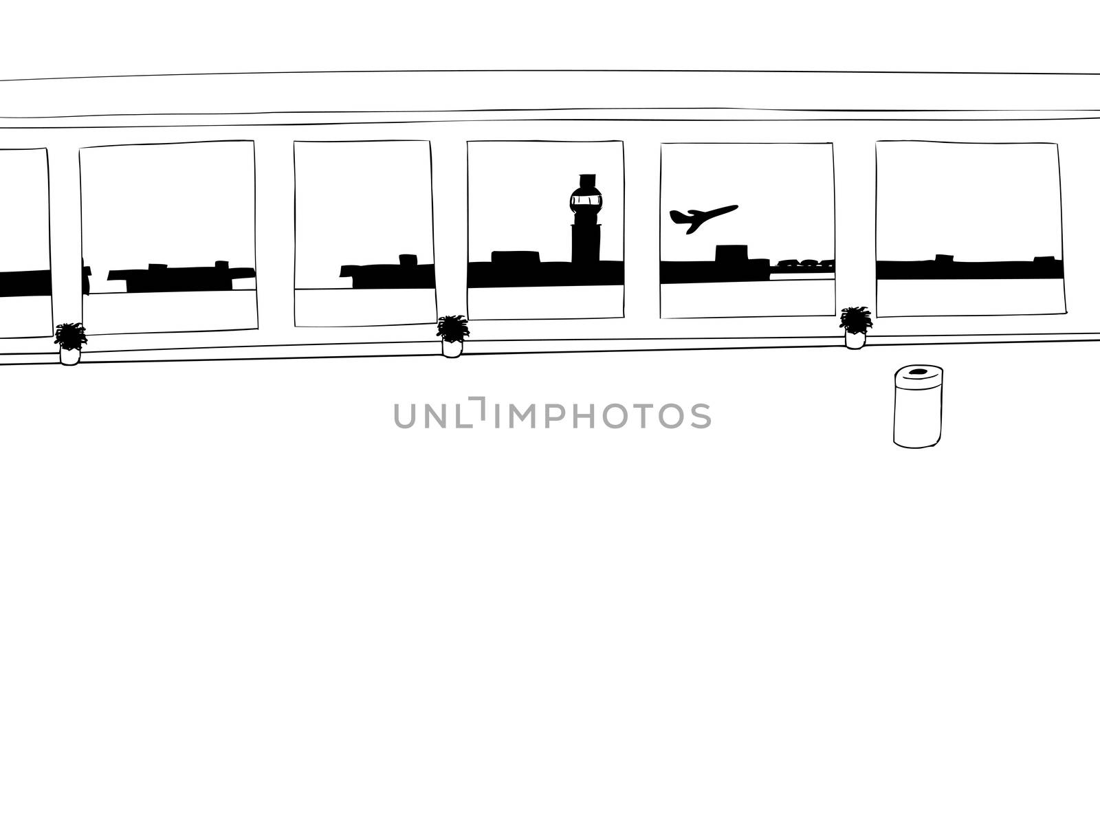 Empty airport corridor background outline with airplane taking off