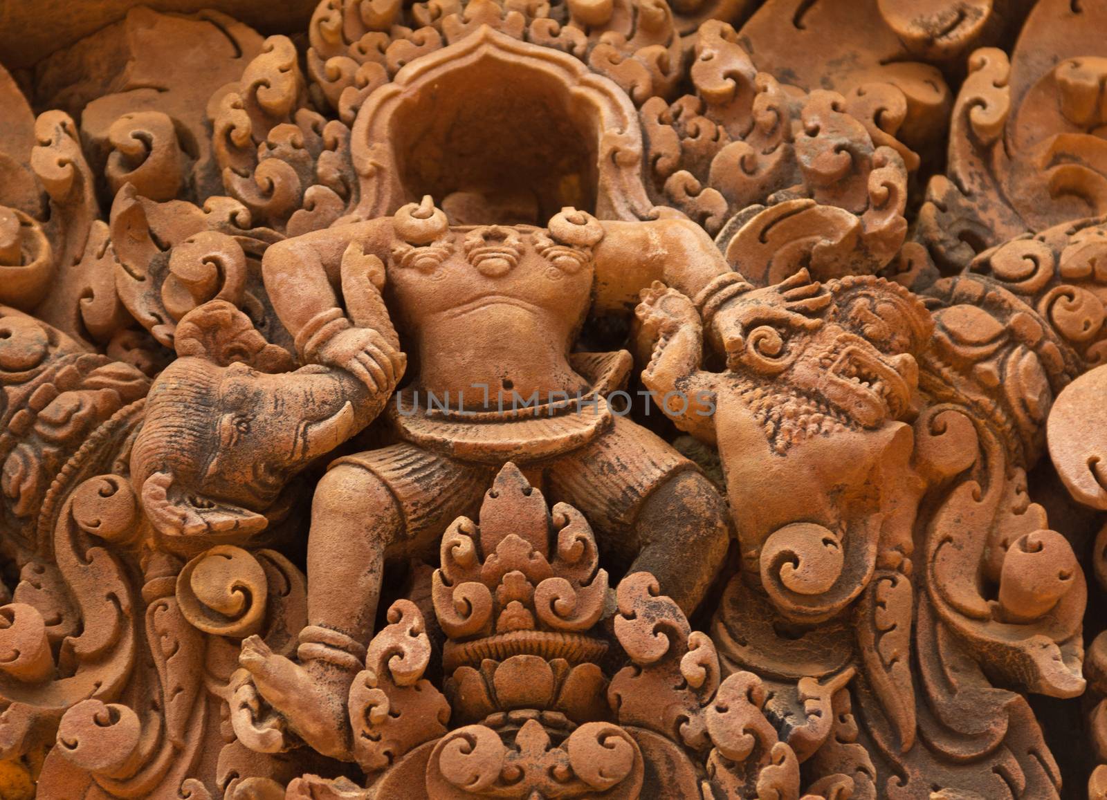 Bas-Relief at Bantey Srey Temple showing an God with an missing head that was stohlen