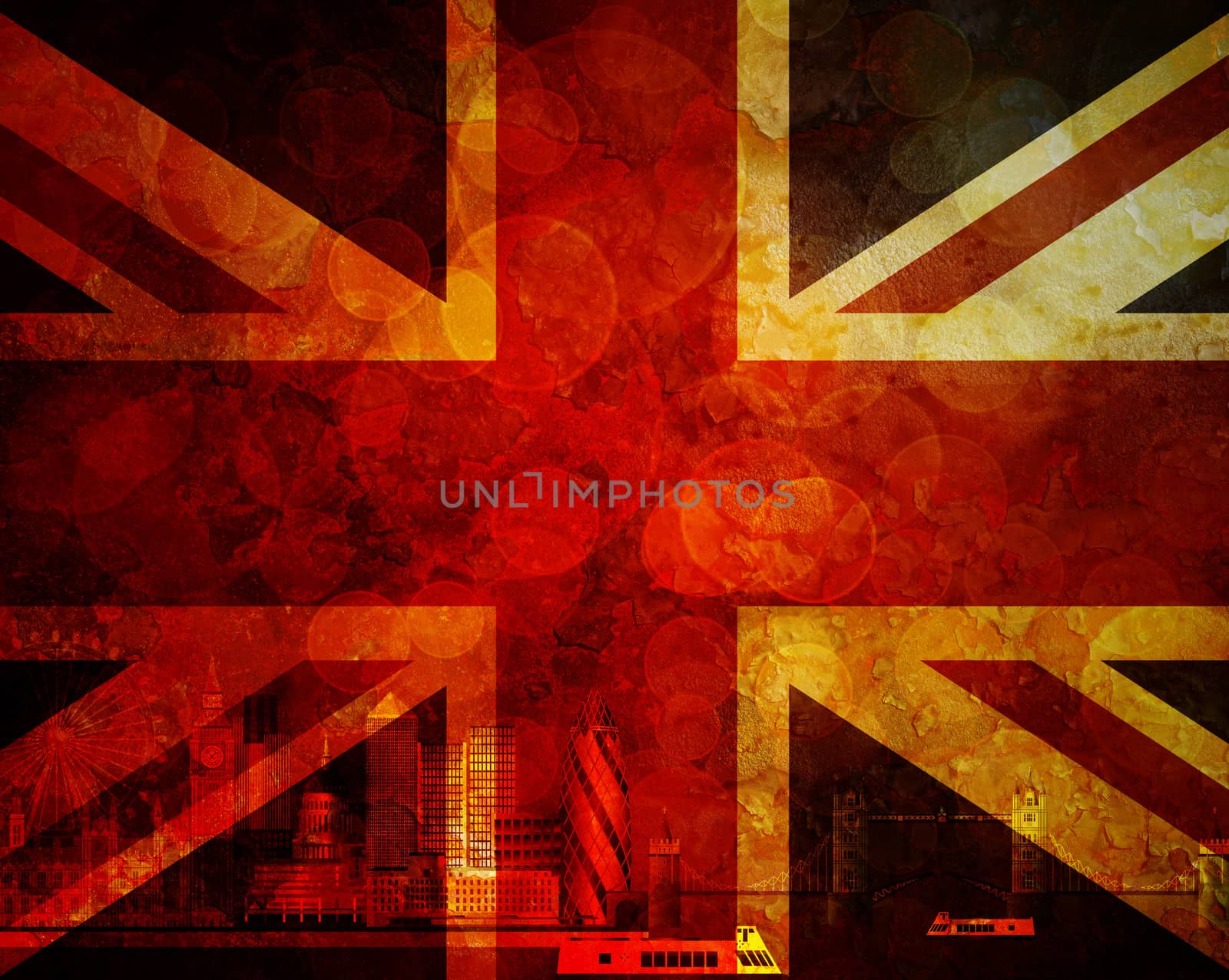 London Great Britain City Skyline Panorama in Union Jack Flag Grunge Texture Background Color Illustration