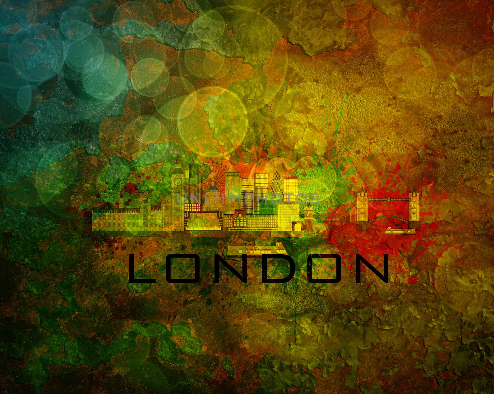 London Great Britain City Skyline with Paint Splatter Abstract on Grunge Texture Background Color Illustration