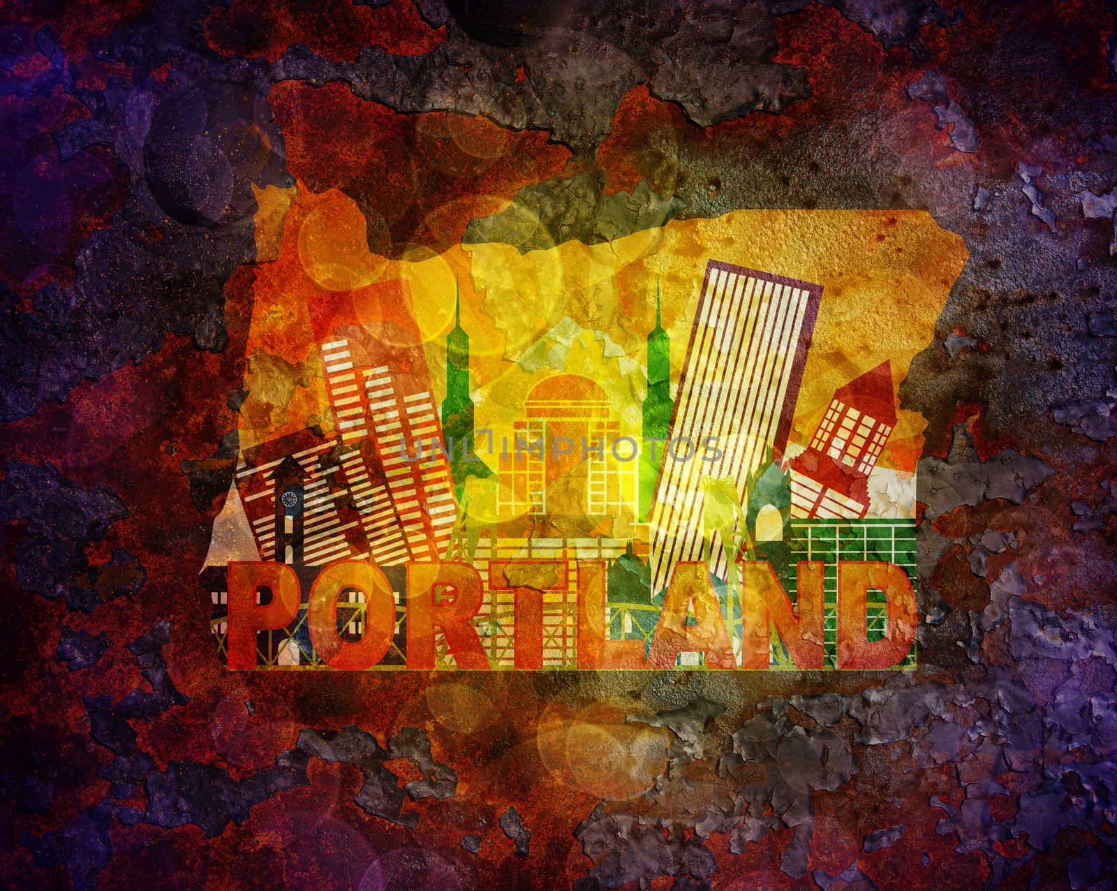 Portland Oregon City Skyline Panorama in State Map Grunge Texture Background Color Illustration