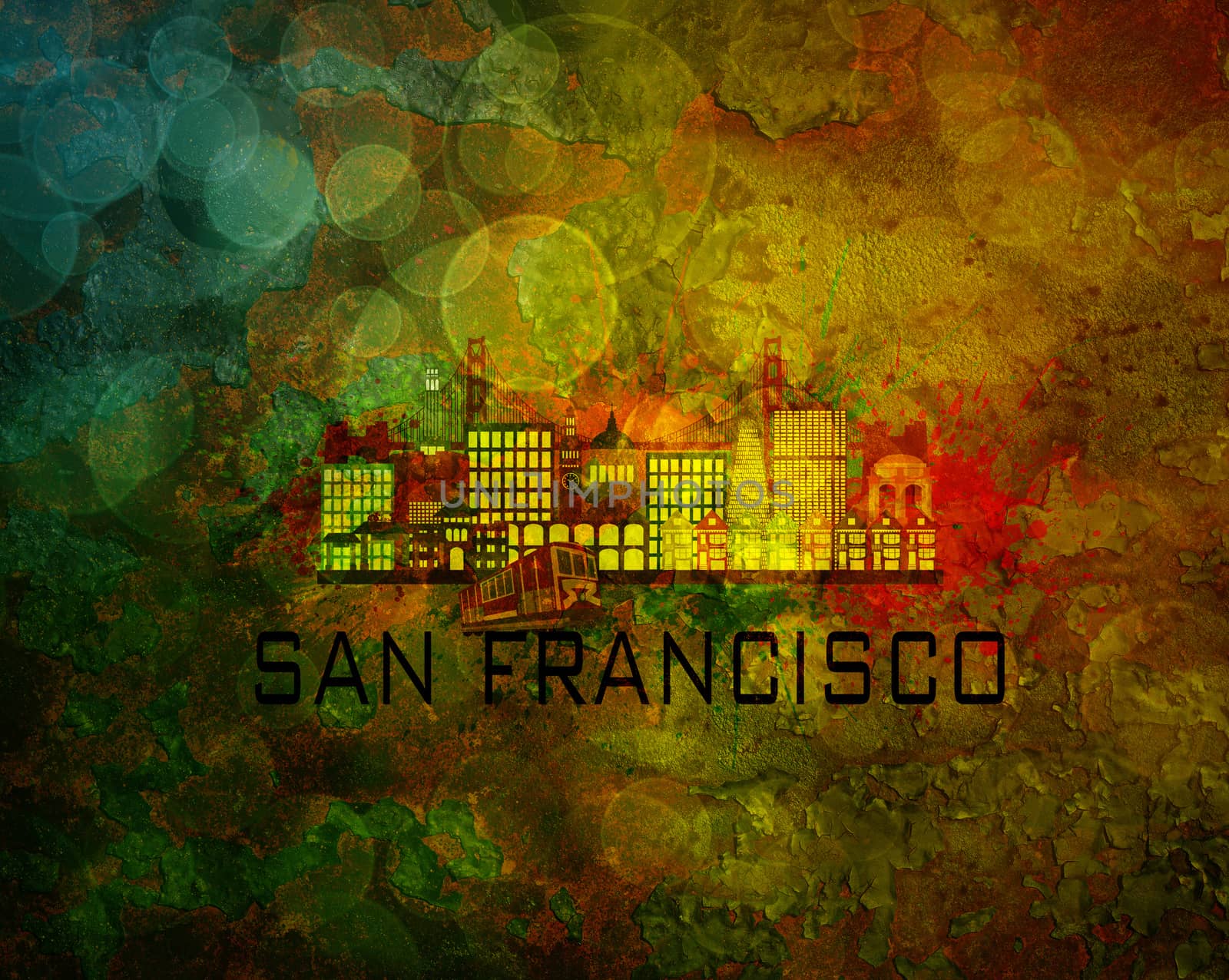 San Francisco California City Skyline with Paint Splatter Abstract on Grunge Texture Background Color Illustration