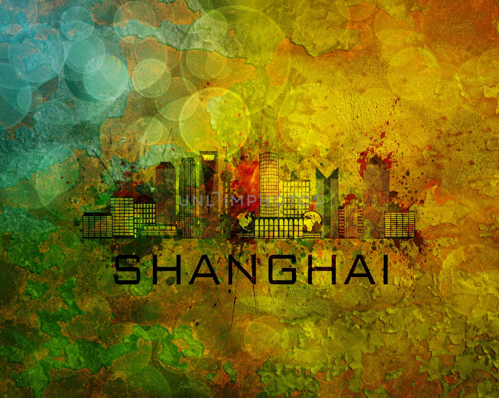 Shanghai China City Skyline with Paint Splatter Abstract on Grunge Texture Background Color Illustration