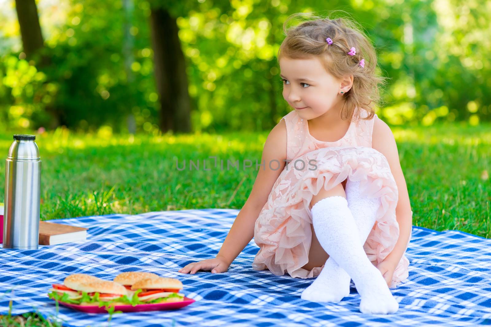 beautiful girl 6 years old sitting on the plaid in the park by kosmsos111