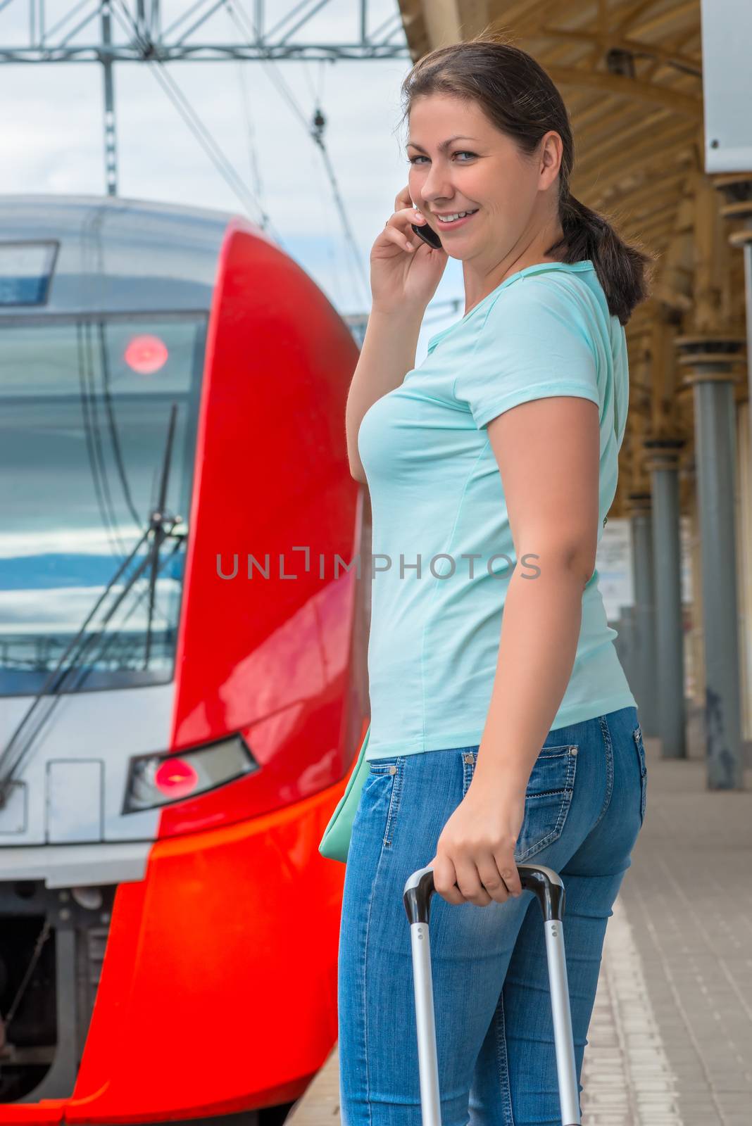 brunette woman embarks on a journey by train by kosmsos111