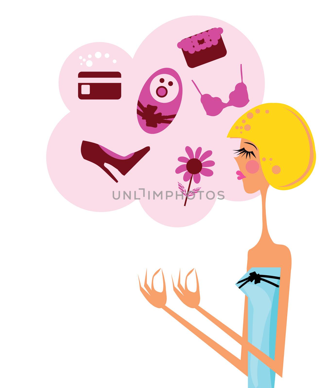 Cute woman thinking about showing something. Vector Illustration by IconsJewelry