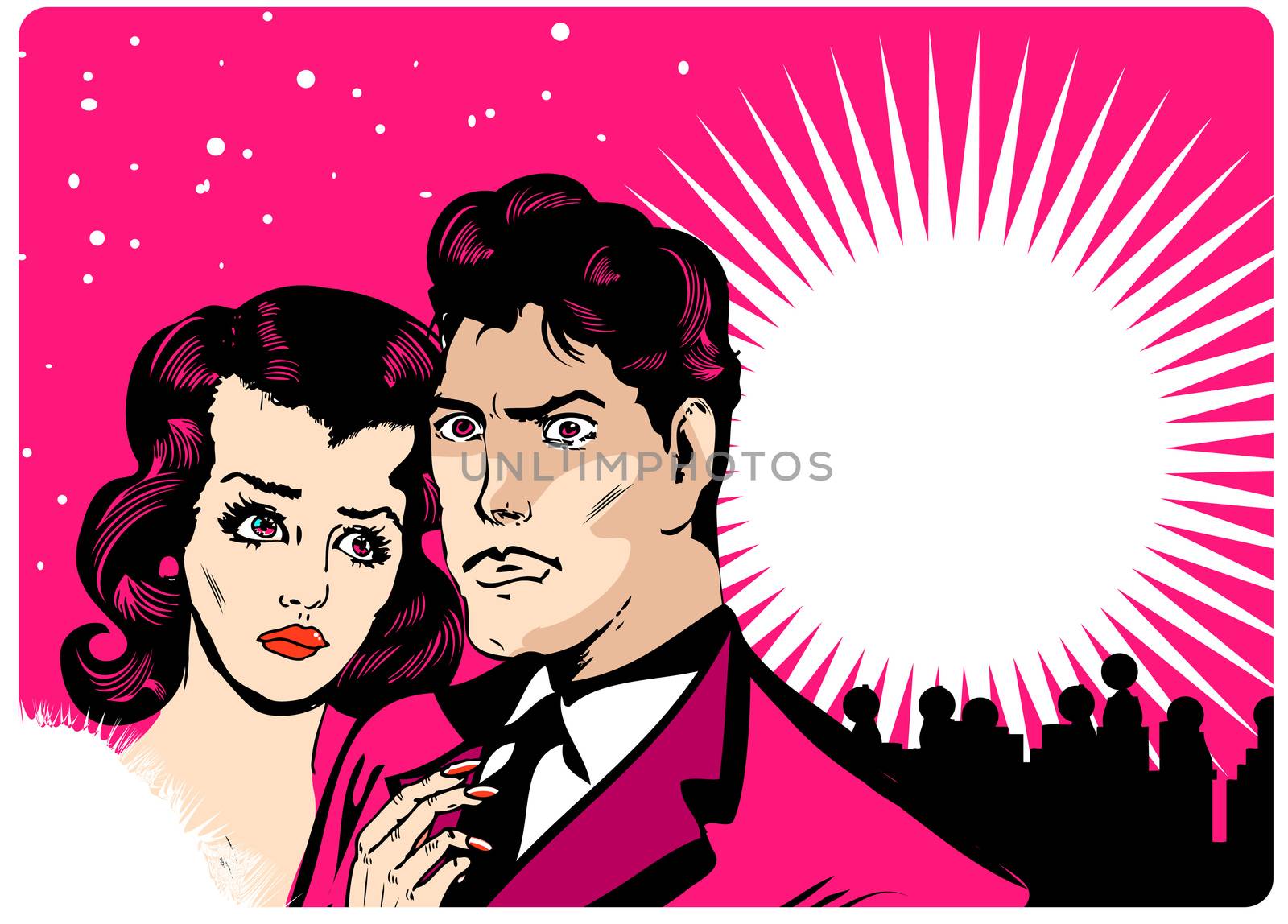 Love Couple comics on Snow sky and city skyline background banne by IconsJewelry