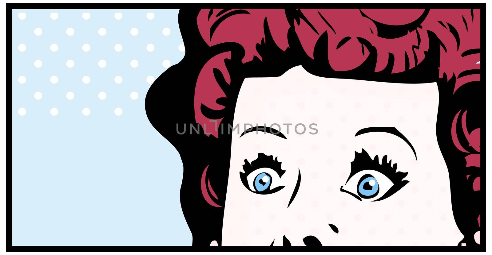Cropped woman face pop art comic banner with Eyes Wide open by IconsJewelry