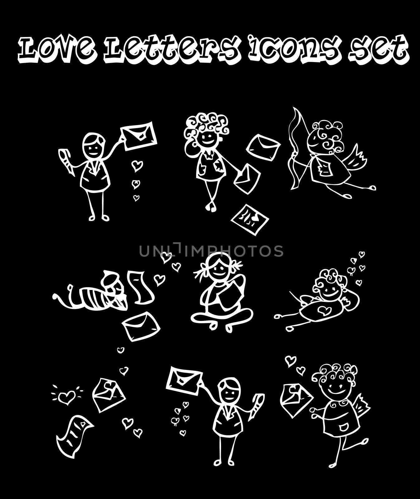 Black background love letters icons set, baby style, Chalk and coal