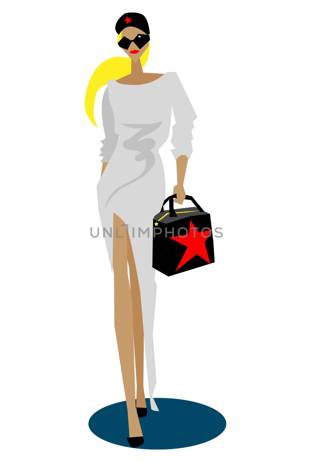 Fashion woman with bag with red star isolated on white background