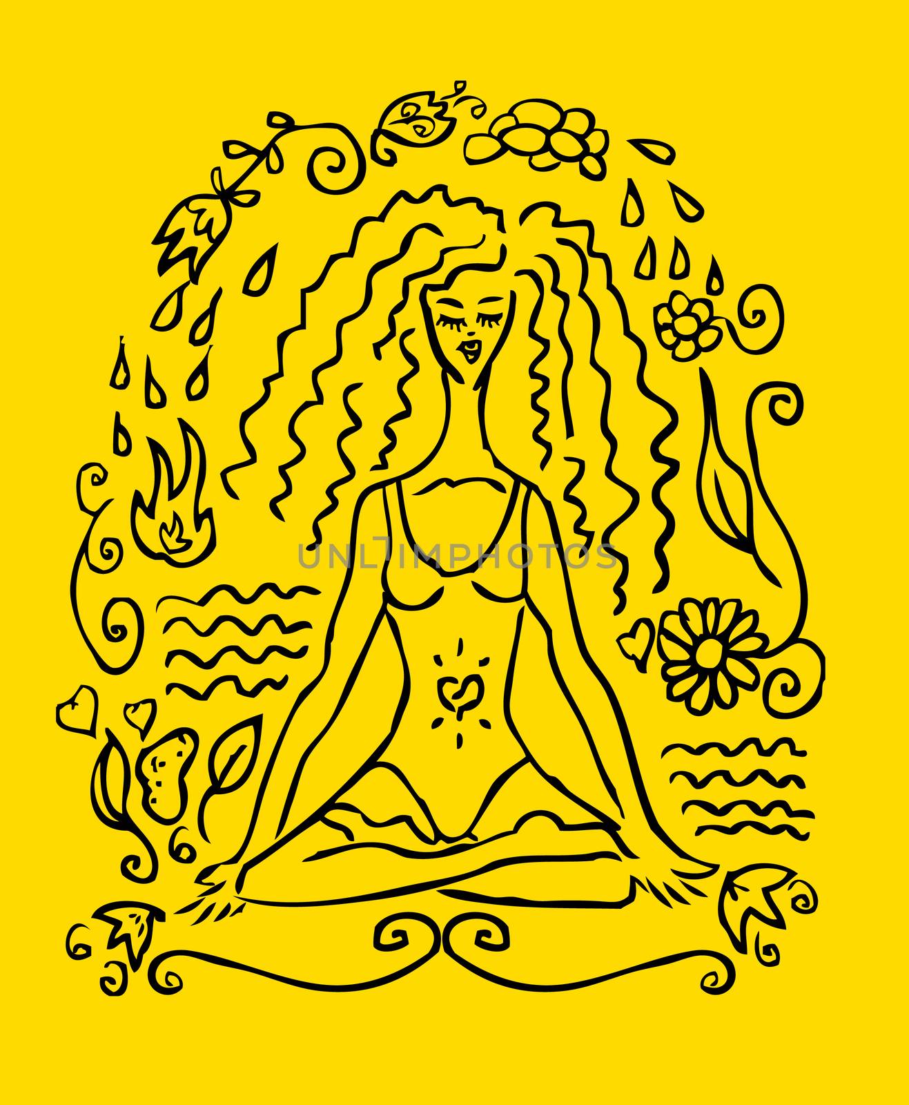 Yoga woman tattoo fake card, emblem, icon. Yellow background