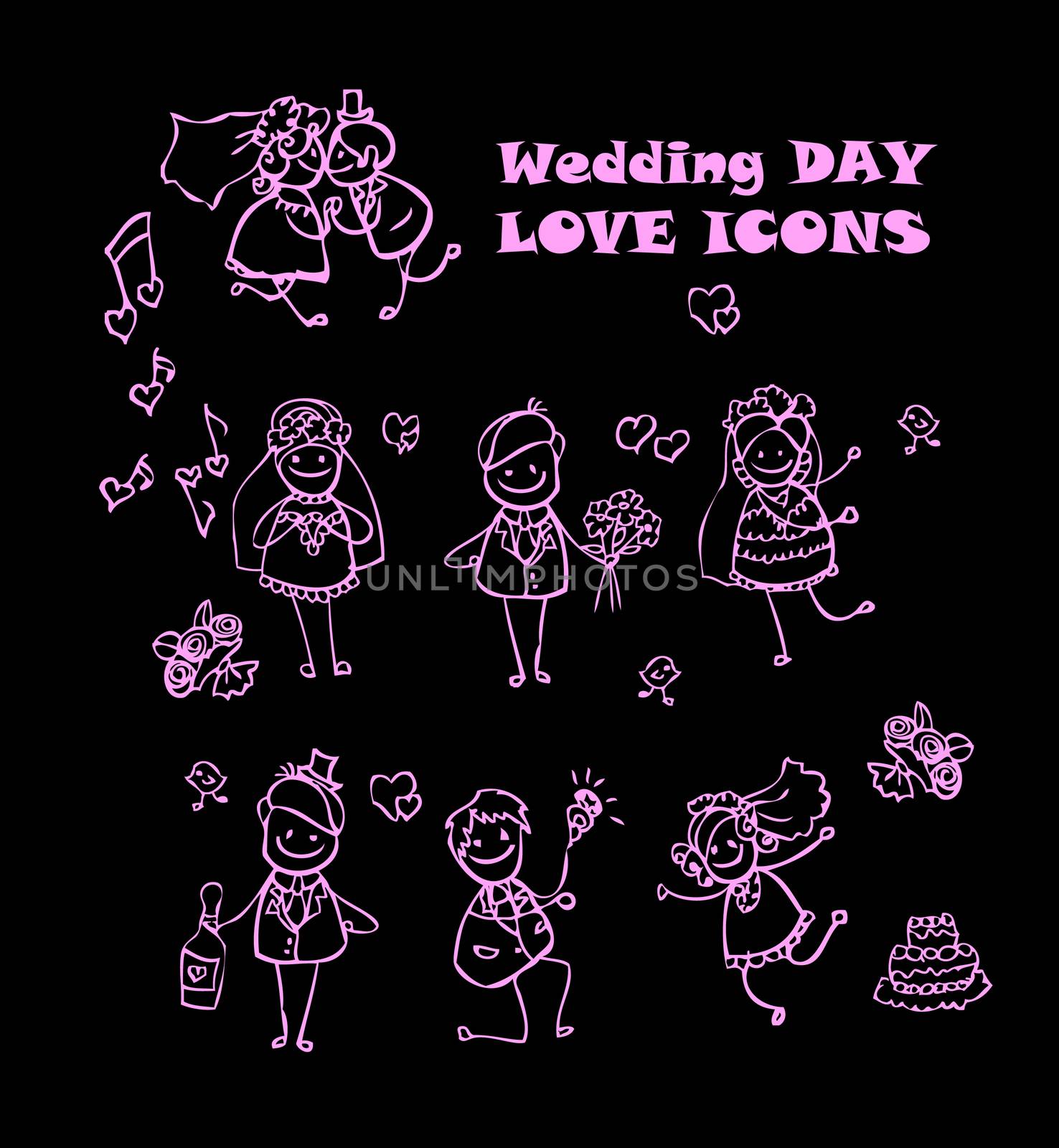 wedding love icons set, kids cartoon design, isolated wed people vector