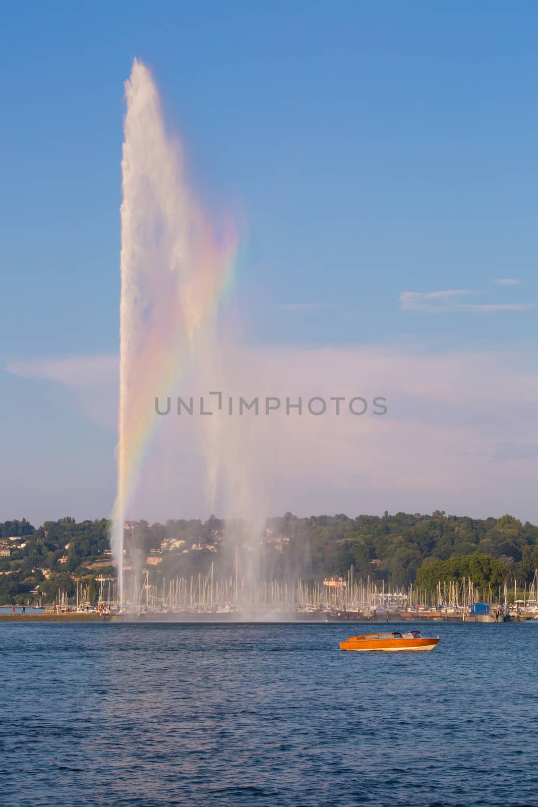 The world famous Geneva Fountain, at certain hours a small section of rainbow is visible in the fountain