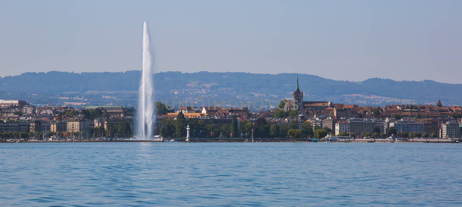 Geneva Fountain and city skyline panoramic