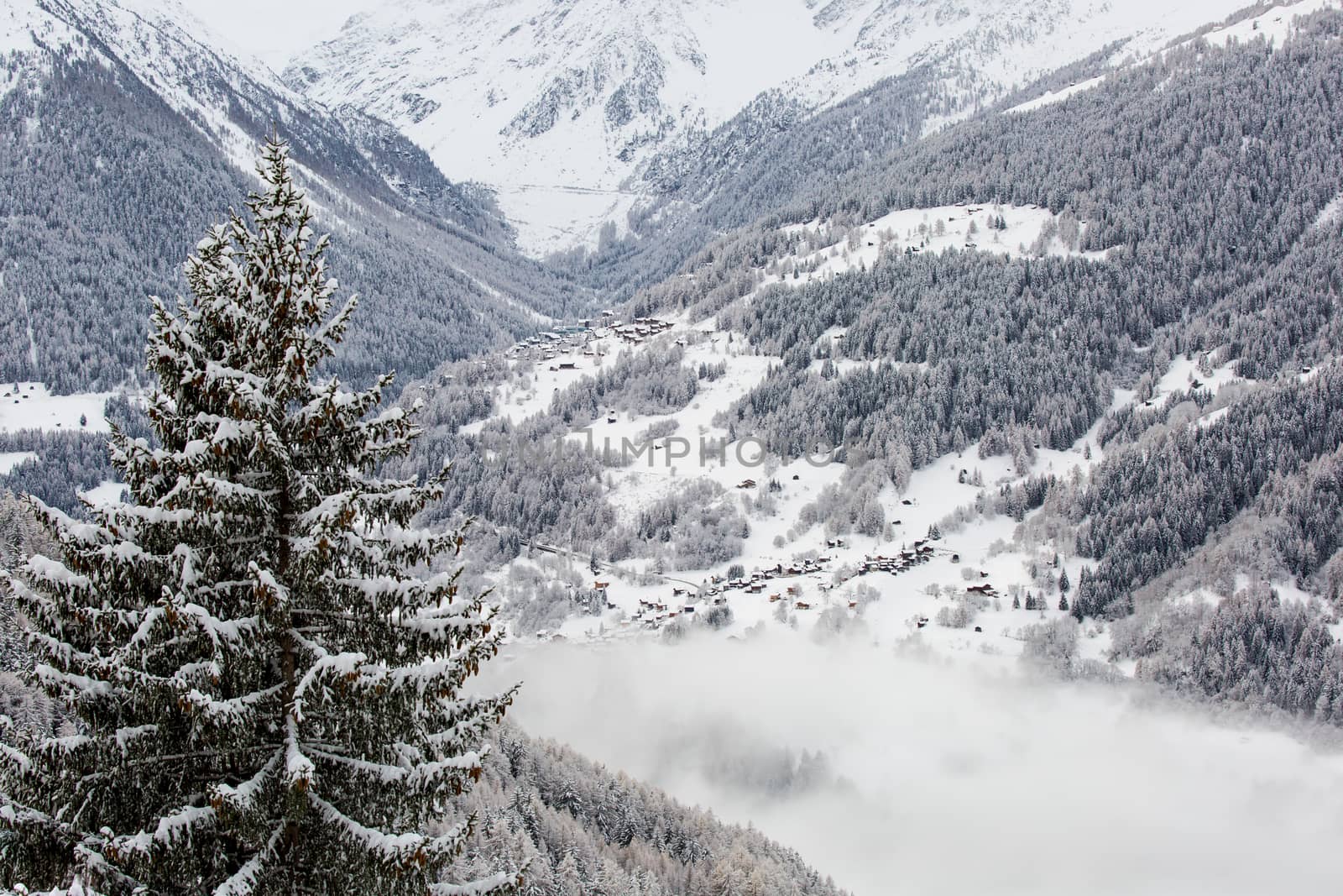 Fog moving up the Val d'Anniviers, a valley of the penine alps, canton of Valais, Switzerland.