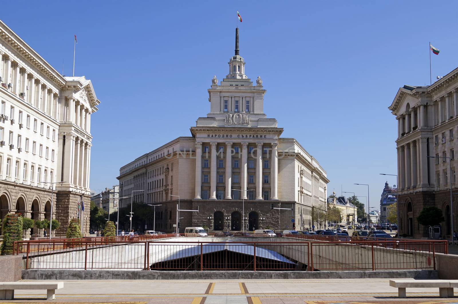SOFIA, BULGARIA - SEPTEMBER 30, 2014: National Assembly (former Communist Party House), Council of Ministers and the Presidency buildings on Independence square in Sofia, Bulgaria 