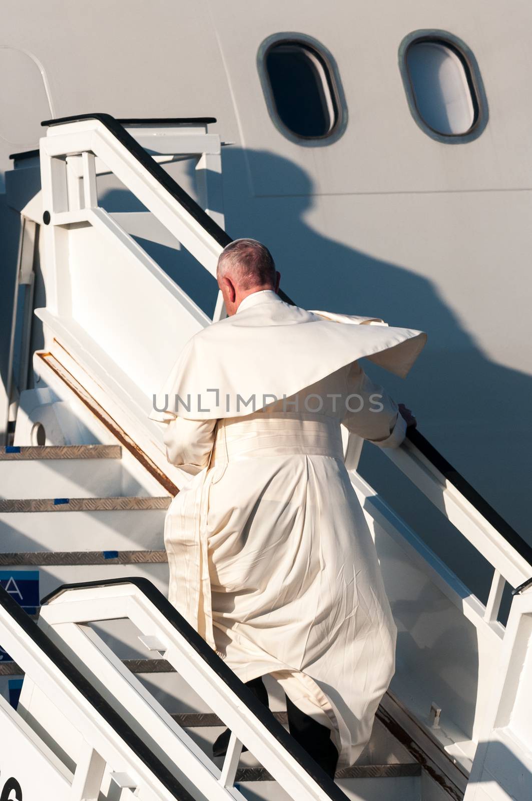 CUBA, Havana: Pope Francis boards his plane at Jose Marti International Airport in Havana as he leaves for Mexico on February 12, 2016. Pope Francis and Russian Orthodox Patriarch Kirill kissed each other and sat down together Friday at Havana airport for the first meeting between their two branches of the church in nearly a thousand years. 