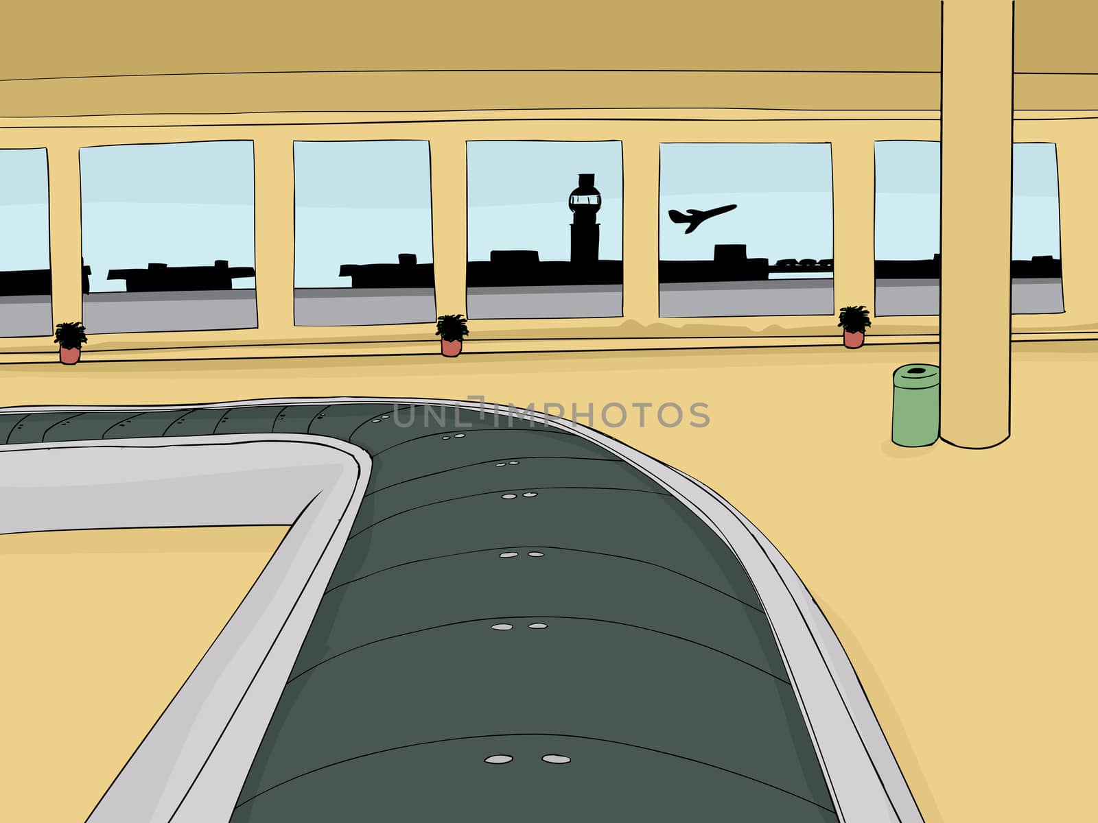 Empty baggage carousel inside of airport with view outside