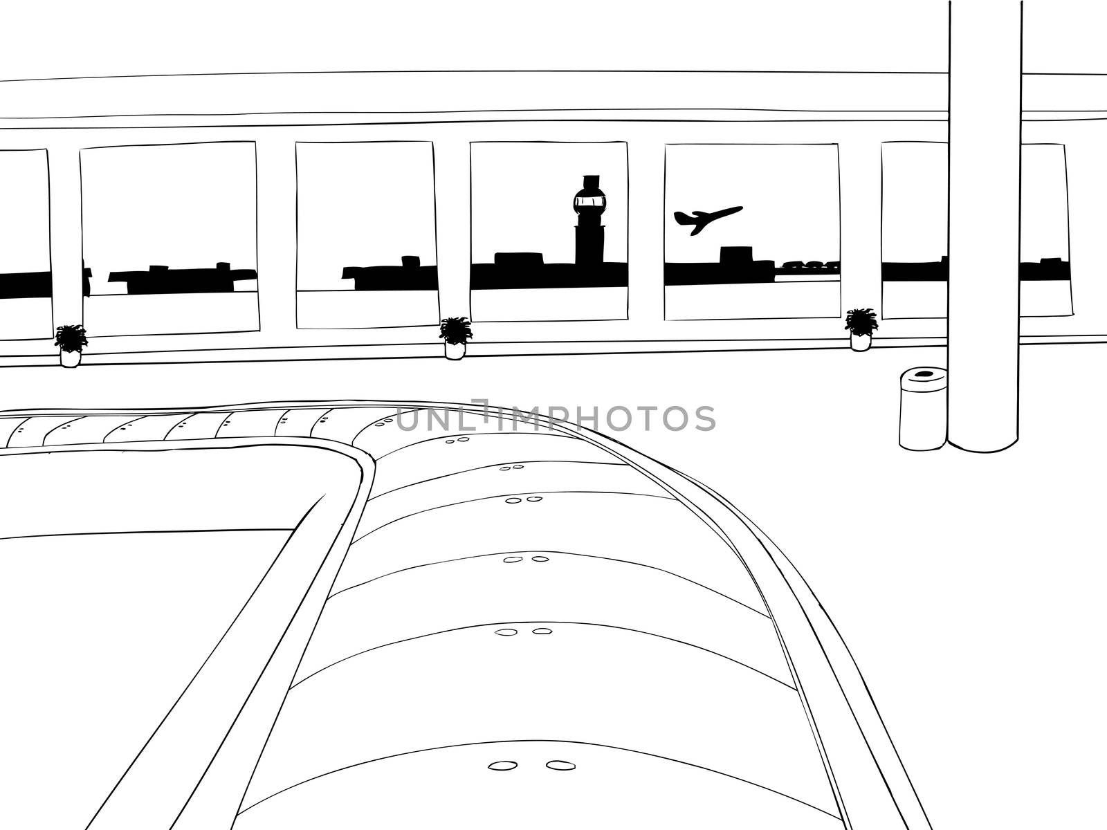 Cartoon outline of empty baggage carousel inside of airport