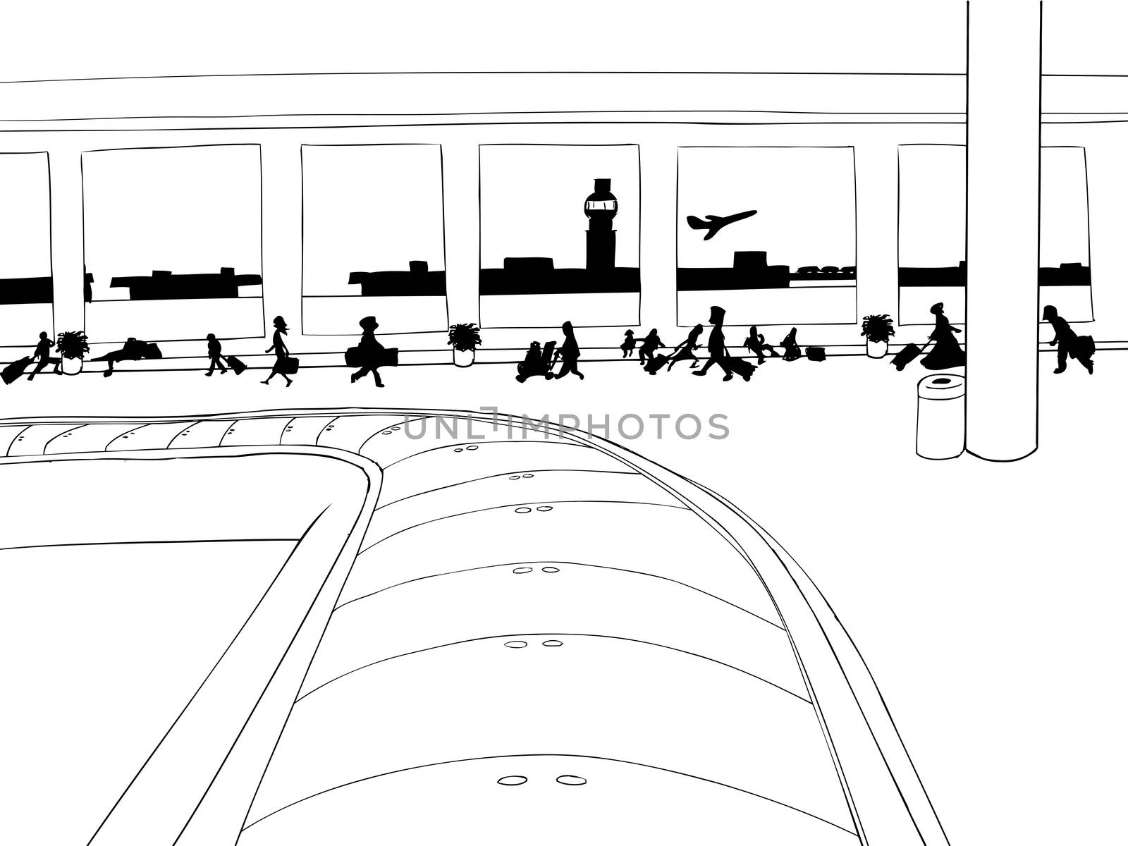 Outline of baggage carousel inside of crowded airport