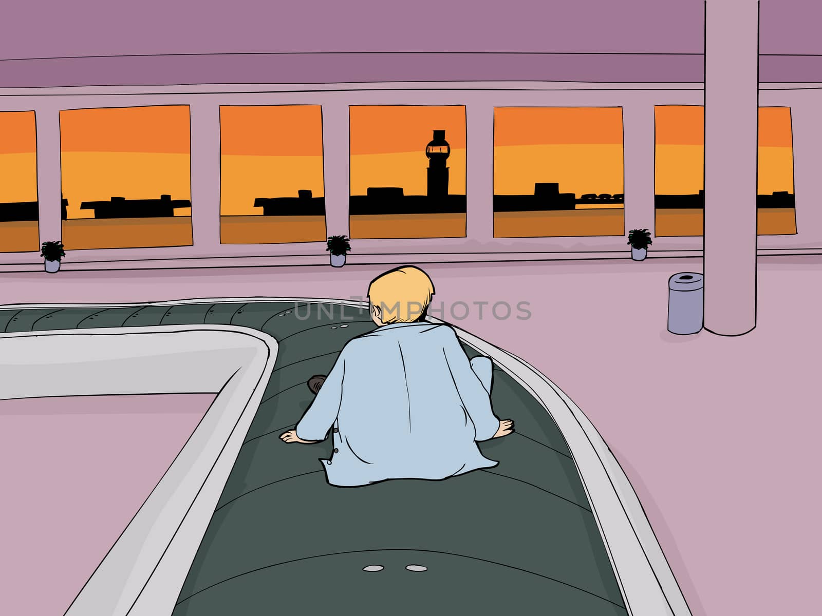Cartoon of lost man on carousel in empty airport