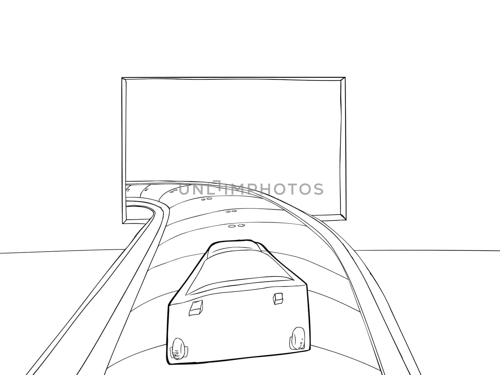 Outlined point of view drawing of luggage entering baggage claim