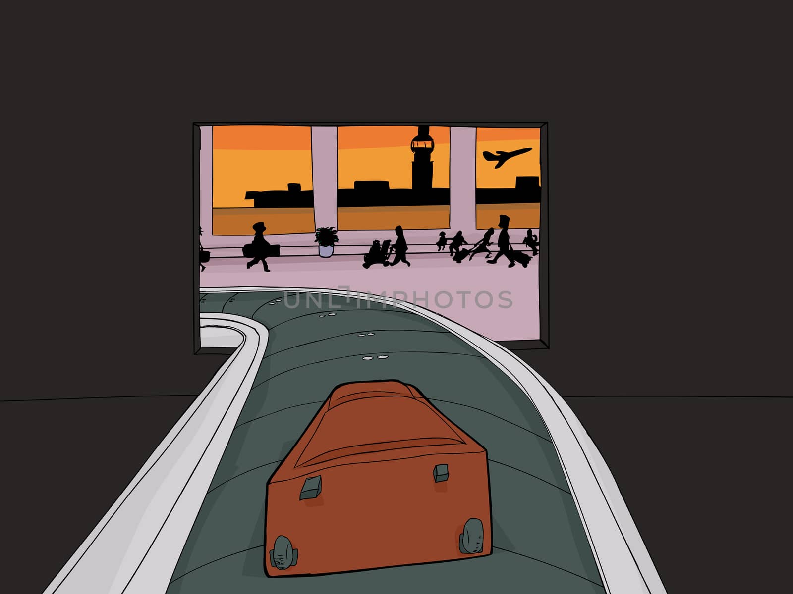 Point of view cartoon of single suitcase entering baggage claim