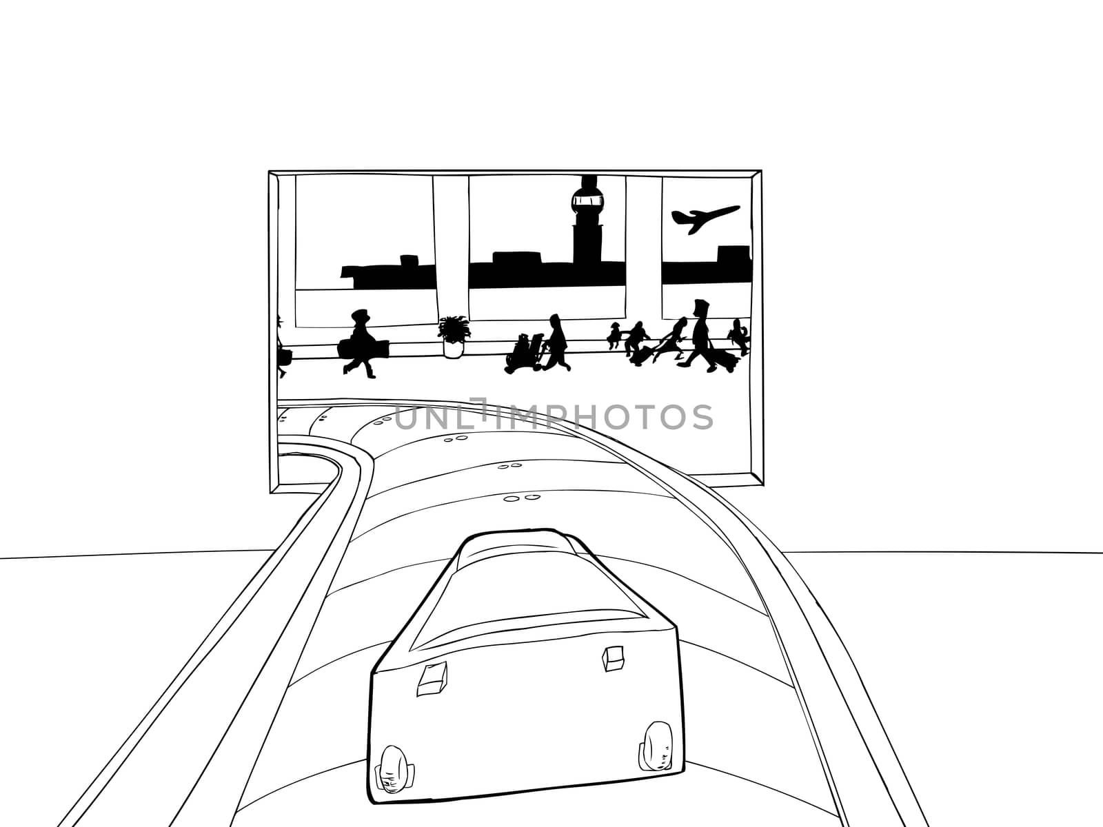 Outlined cartoon of single suitcase entering baggage claim