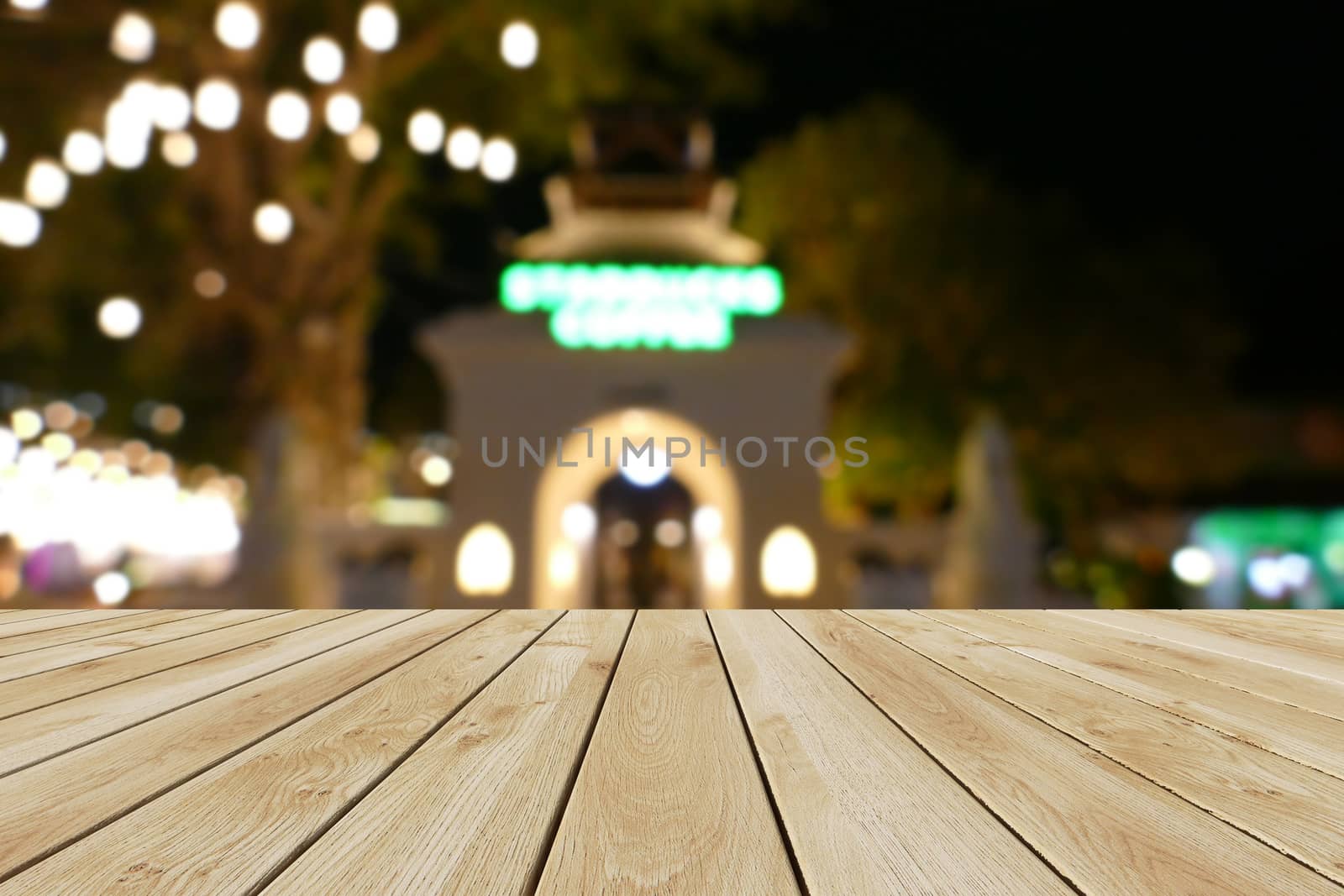 Perspective wood and bokeh light background. product display template