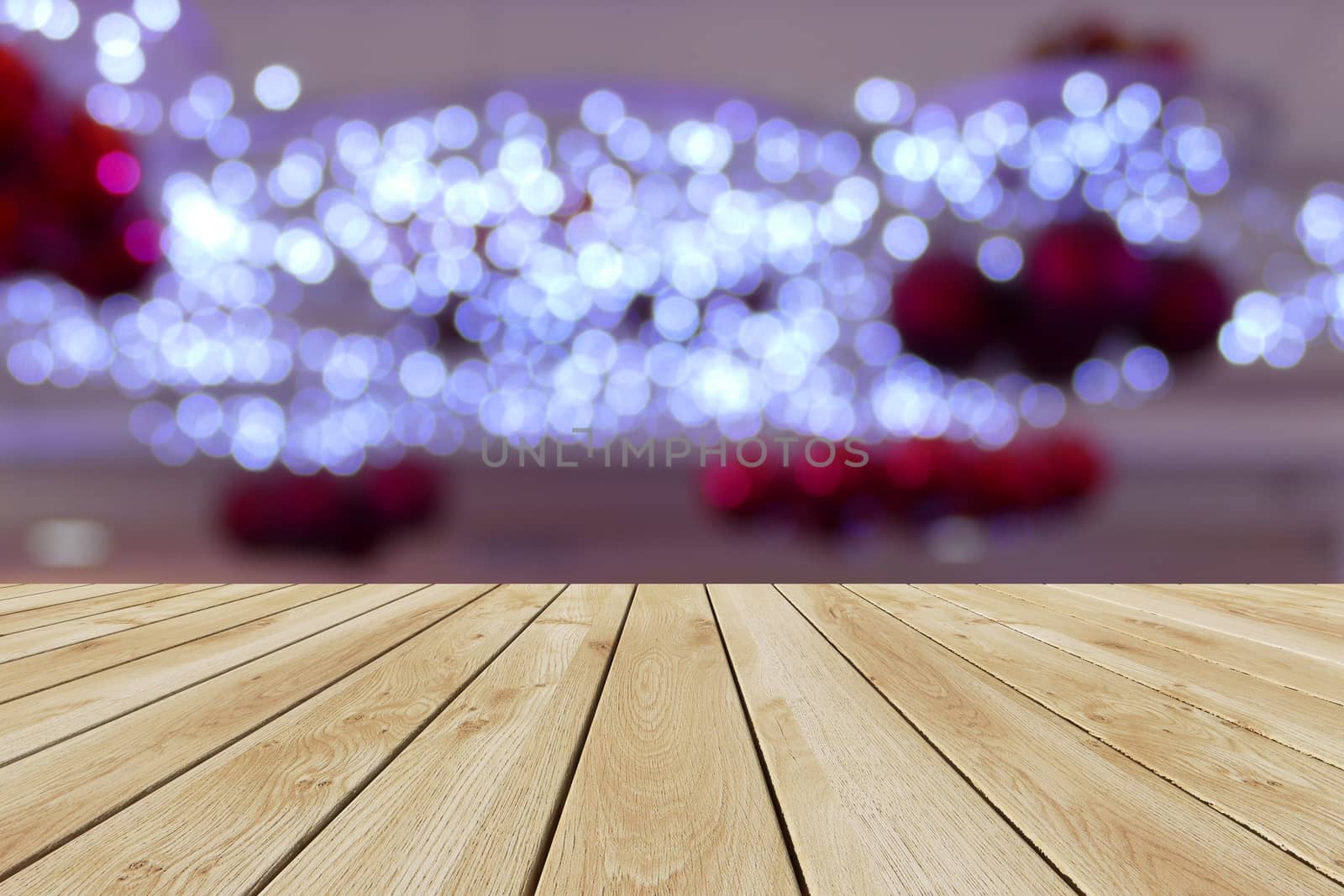 Perspective wood and bokeh light background. product display template