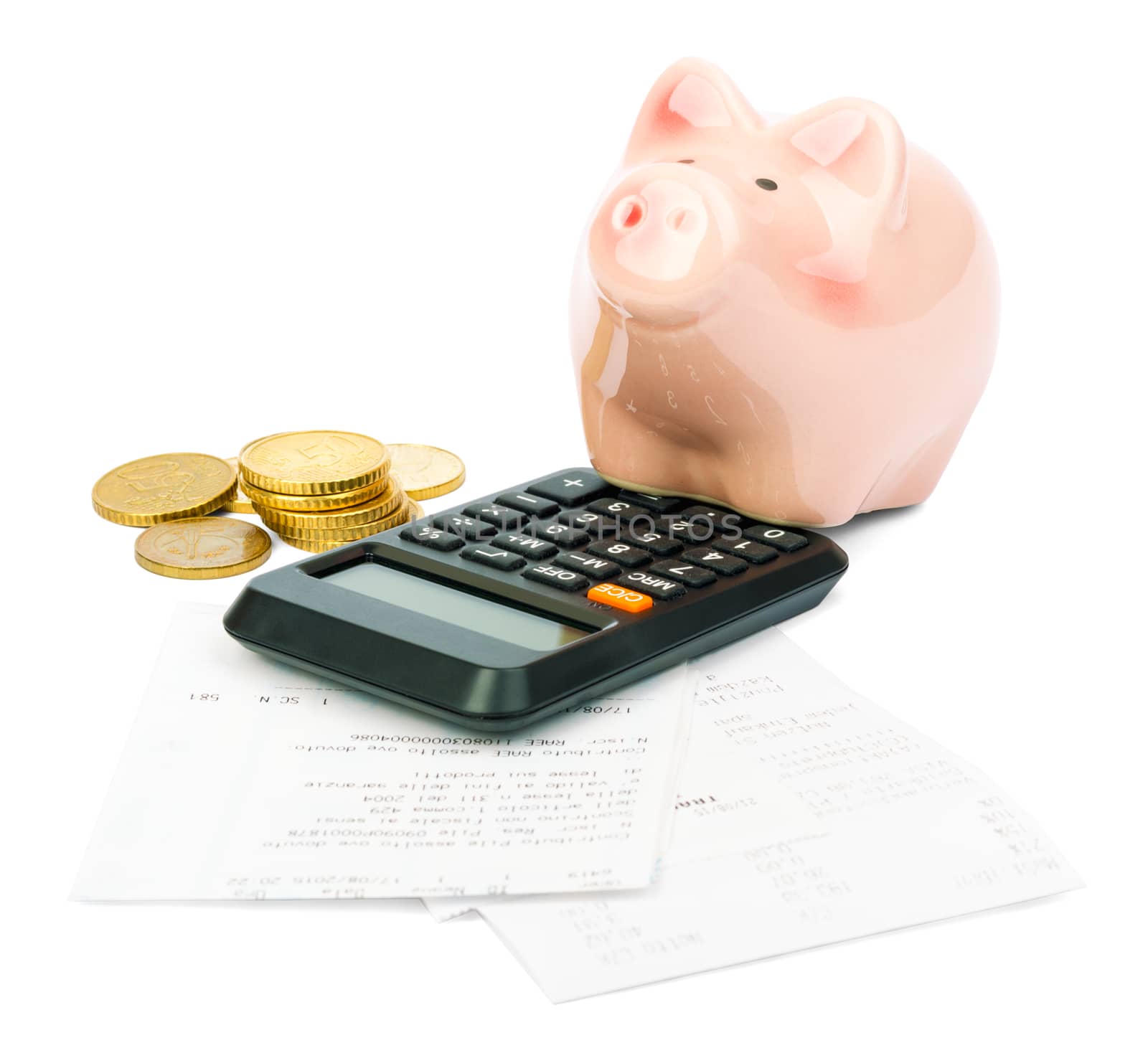 Piggy bank with calculator and bills by cherezoff