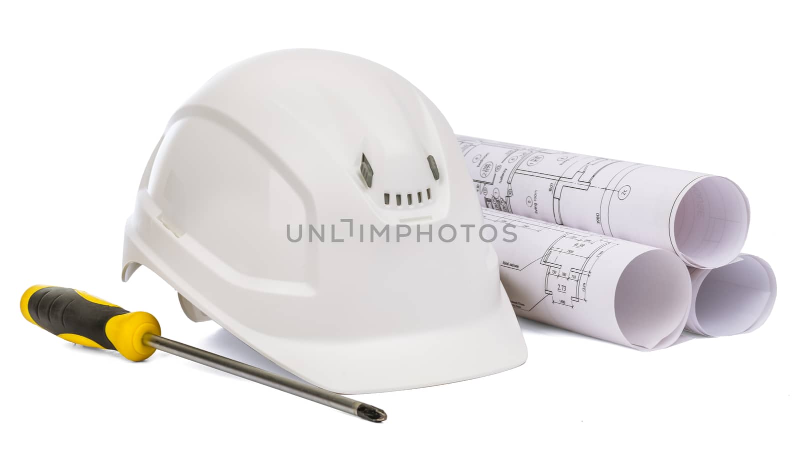 White safety helmet and screwdriver on isolated white background